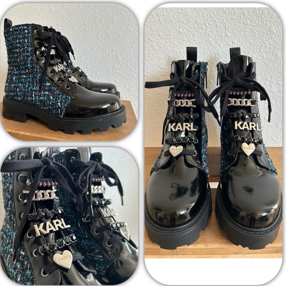 NEW KARL LAGERFELD Mela Tweed Combat Boots 7.5 M  MULTI COLOR CHAIN & CHARM